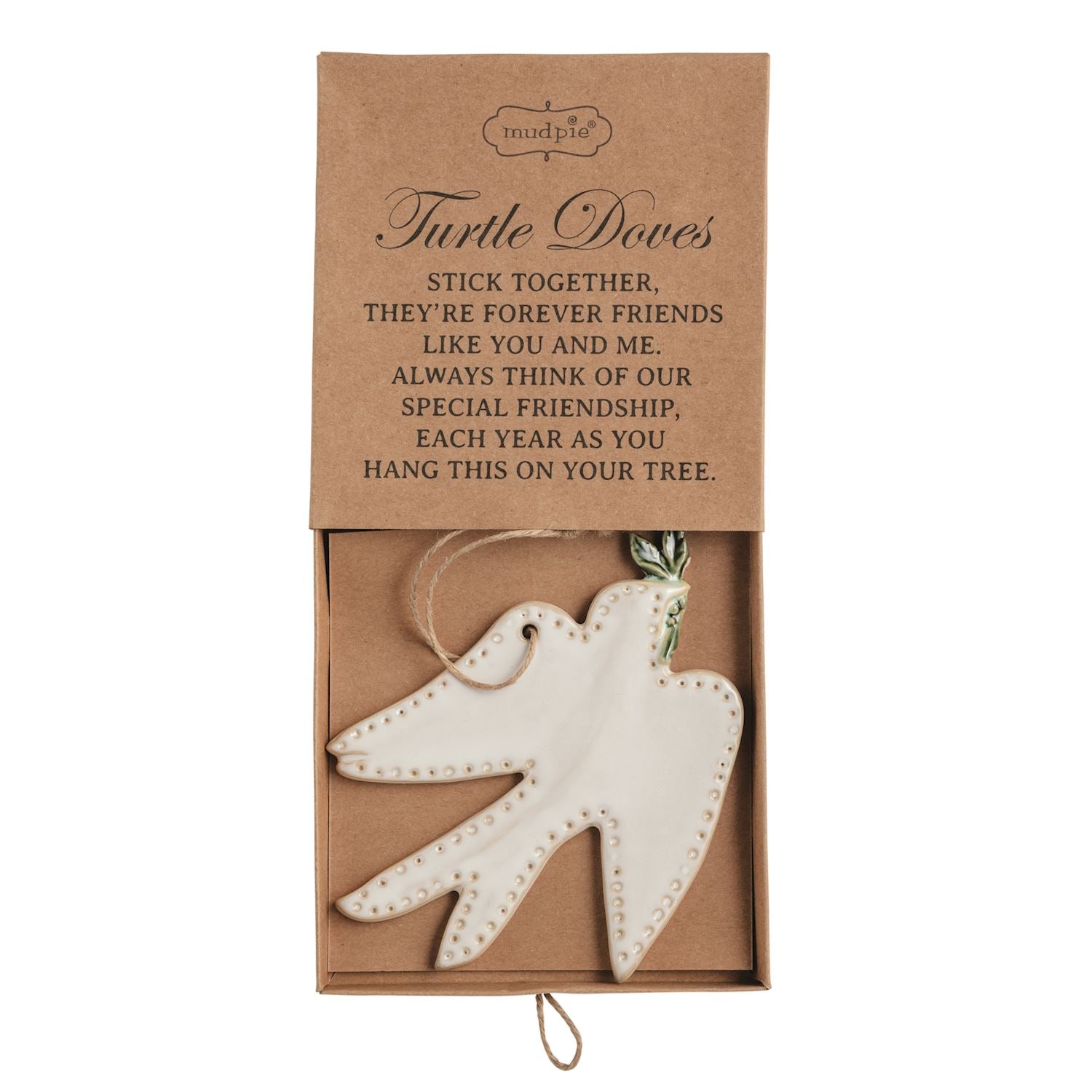 Turtle Dove Ceramic Ornament, A cream glazed ceramic dove ornament with raised dots along its wings and tail and a twine hanger, sitting in a kraft box printed with a turtle doves verse.