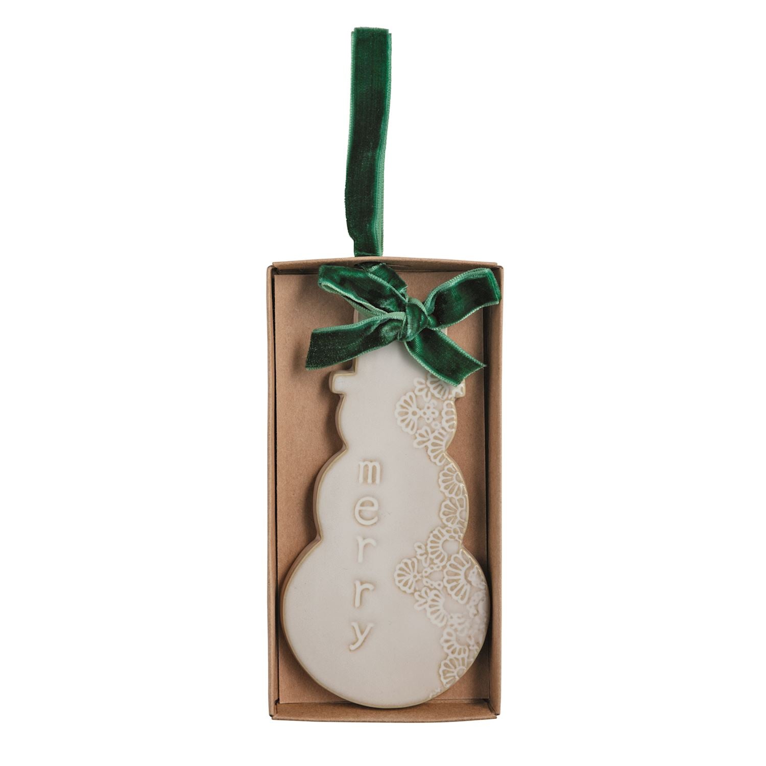 White Snowman Ceramic Ornament with Velvet Bow, A flat white ceramic ornament shaped like a snowman with pressed lace texture down one side, the raised word merry down the other, and a green velvet bow, shown in a kraft gift box.