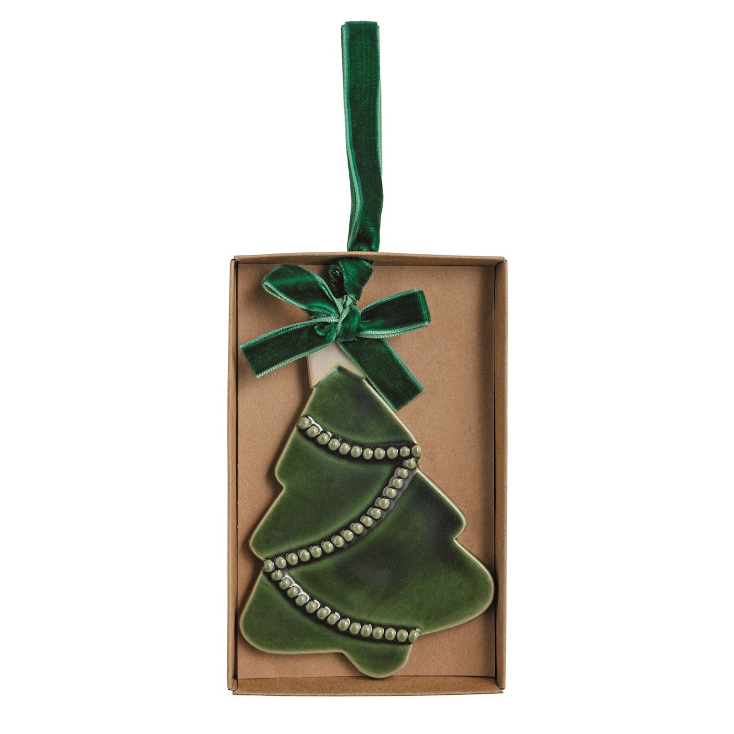Green Glazed Stoneware Christmas Tree Ornament, A green glazed ceramic Christmas tree ornament with rows of raised dots and a green velvet ribbon bow, lying in an open kraft gift box.