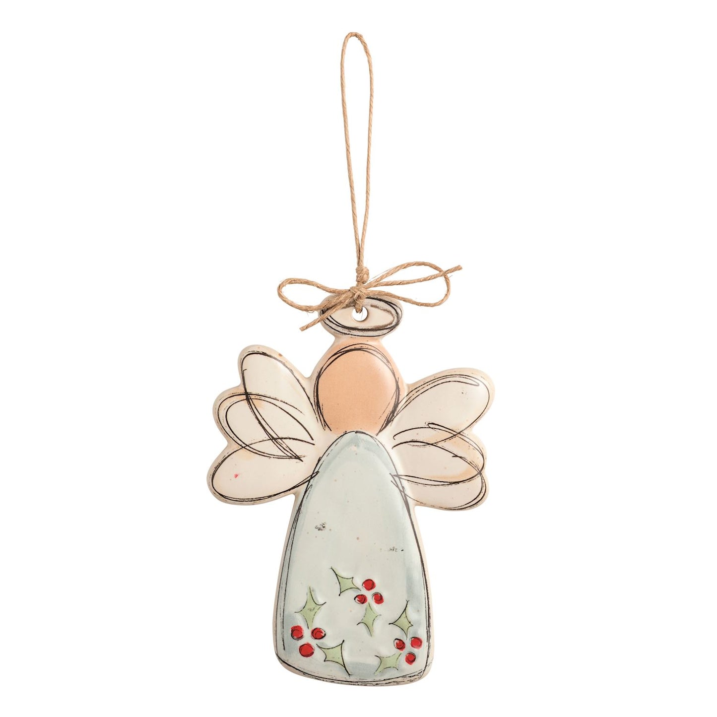 Holly Angel Stoneware Ornament, A flat cream stoneware angel ornament with sketched wings and holly leaves and red berries painted on the gown, hanging from a twine bow.