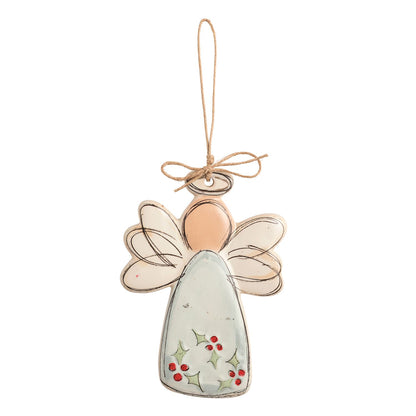 Holly Angel Stoneware Ornament, A flat cream stoneware angel ornament with sketched wings and holly leaves and red berries painted on the gown, hanging from a twine bow.