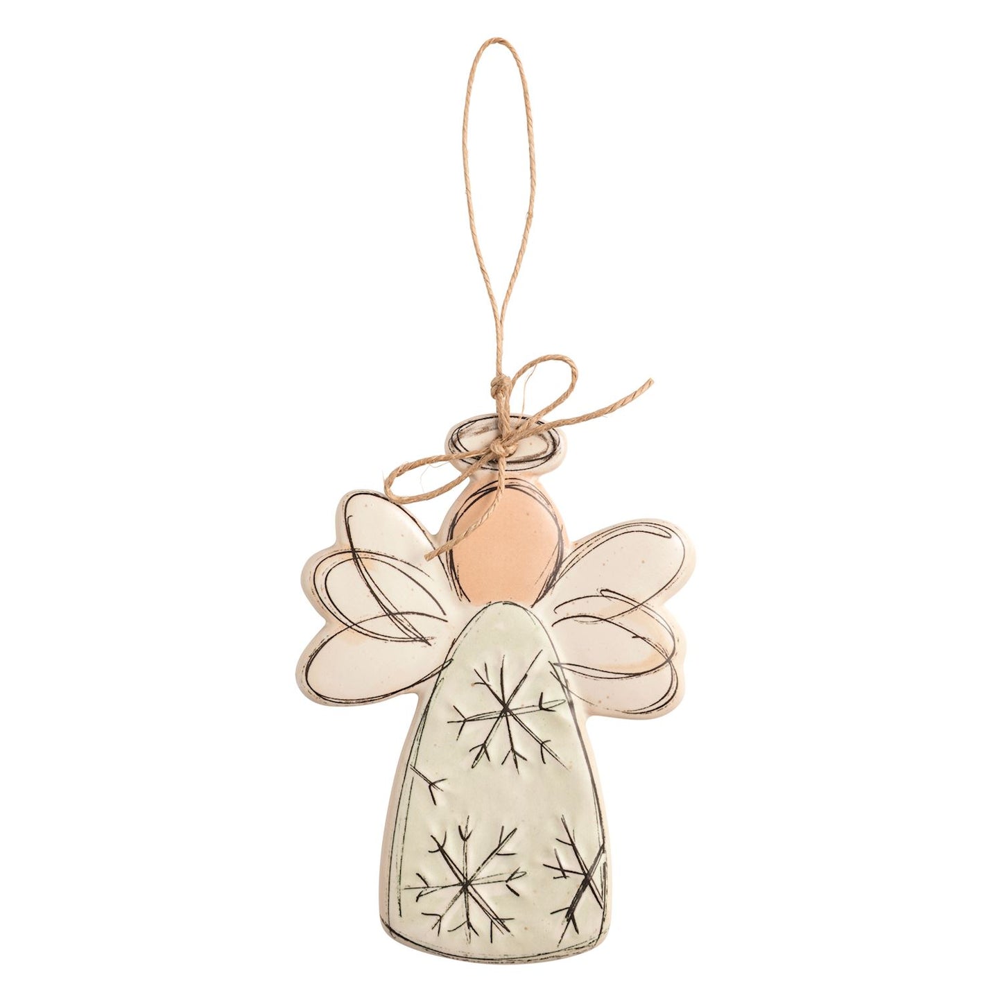 Snowflake Angel Stoneware Ornament, 5.25 Inch, A flat speckled cream stoneware angel ornament with sketched black line wings, a halo and snowflakes on the gown, hanging from a twine loop tied in a small bow.