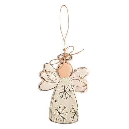 Snowflake Angel Stoneware Ornament, 5.25 Inch, A flat speckled cream stoneware angel ornament with sketched black line wings, a halo and snowflakes on the gown, hanging from a twine loop tied in a small bow.