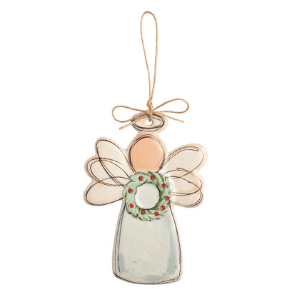 Speckled Stoneware Angel Ornament with Wreath, A flat speckled ceramic angel ornament with sketched black outlines, a pale sage gown and a green wreath with red berries at her front, hung from a twine bow.