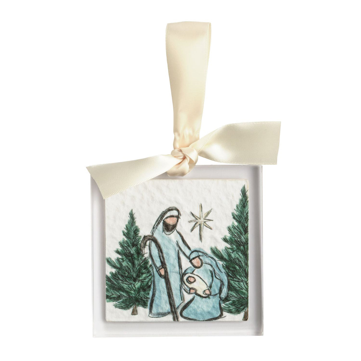 Mary Nativity Acrylic Ornament, Square clear acrylic ornament holding a hand drawn Nativity scene of the Holy Family under a star between two evergreen trees, hung from a cream grosgrain ribbon bow.