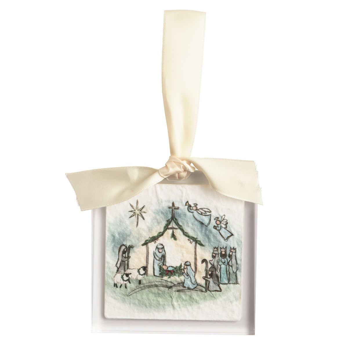 Nativity Manger Acrylic Ornament, A square clear acrylic ornament holding a watercolor nativity scene with the stable, star, angels, shepherds, sheep and three kings, tied with a cream grosgrain ribbon.