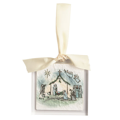 Nativity Manger Acrylic Ornament, A square clear acrylic ornament holding a watercolor nativity scene with the stable, star, angels, shepherds, sheep and three kings, tied with a cream grosgrain ribbon.