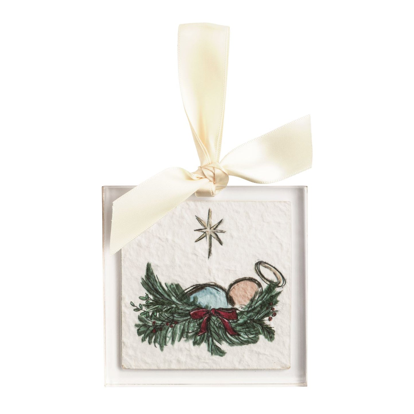 Nativity Scene Acrylic Ornament, Square clear acrylic ornament printed with the Christ child asleep in a bed of pine and holly tied with a red bow, a star above, hung from a cream grosgrain ribbon bow.