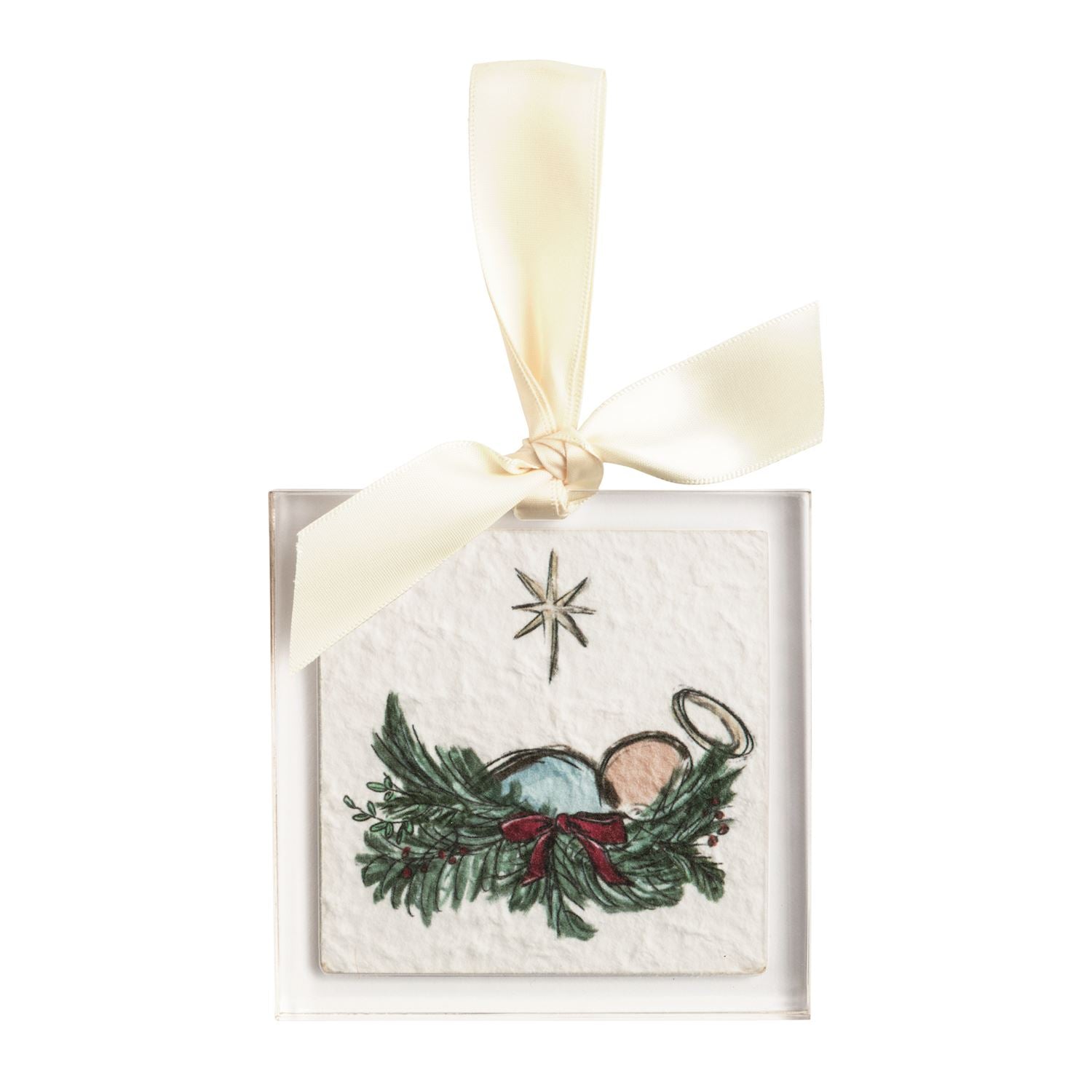 Nativity Scene Acrylic Ornament, Square clear acrylic ornament printed with the Christ child asleep in a bed of pine and holly tied with a red bow, a star above, hung from a cream grosgrain ribbon bow.
