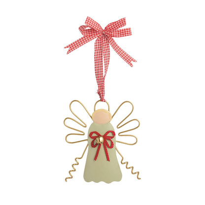 Green Tin Angel Ornament, A sage green tin angel ornament with looped gold wire wings and halo, a red bow with a gold bell, hanging from a red and white checked ribbon.
