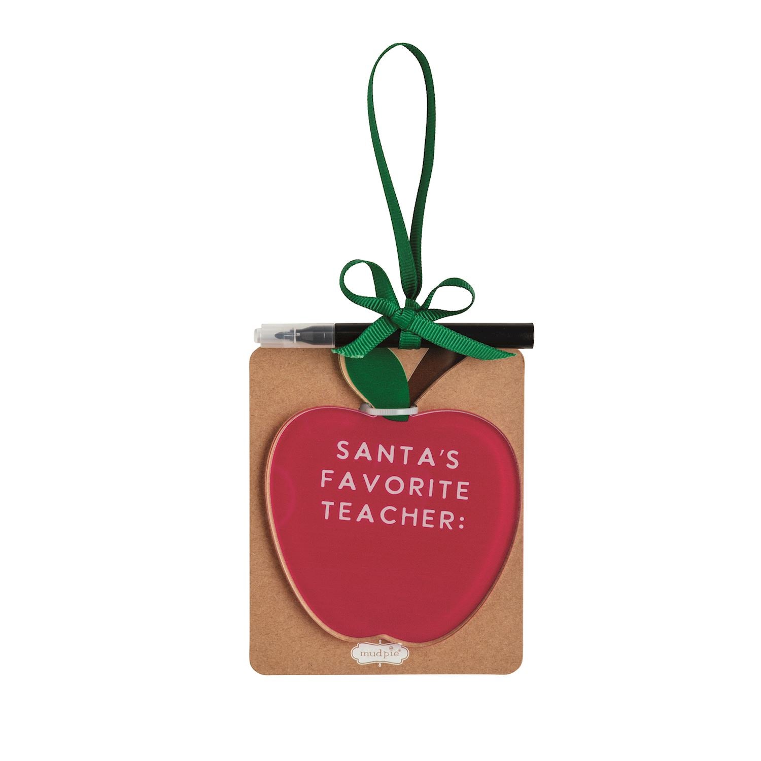Santa's Favorite Teacher Apple Ornament with Marker, A red apple shaped acrylic ornament reading Santa's Favorite Teacher with a green ribbon hanger, mounted on a kraft card with a black marker tucked behind the bow.
