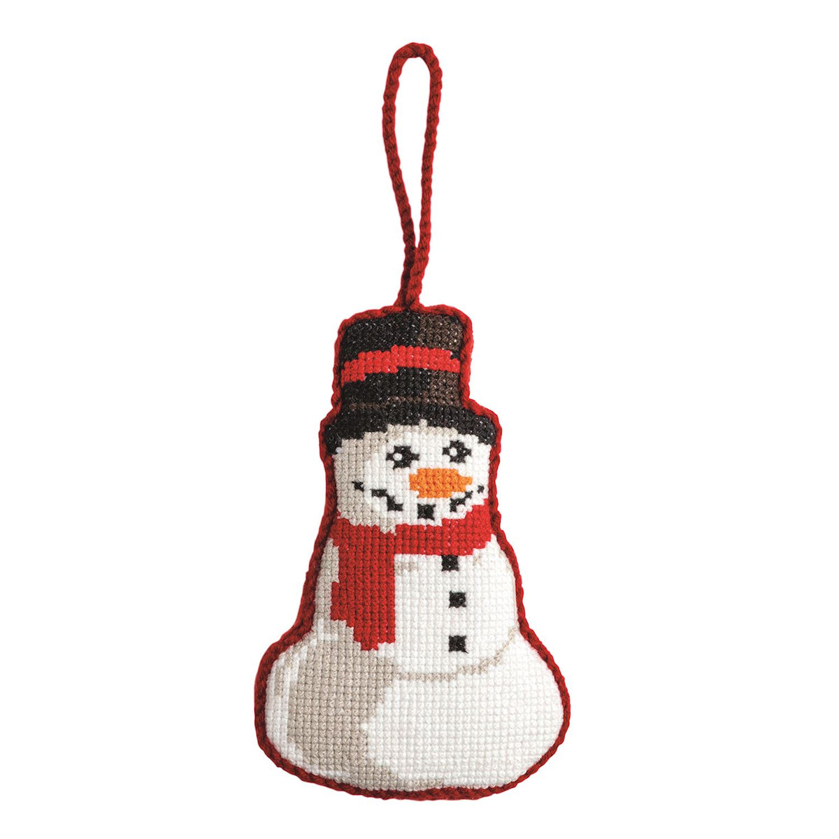 Snowman Needlepoint Ornament, A needlepoint ornament shaped like a snowman in a black top hat with a red band, orange carrot nose, red scarf and black buttons, edged in red stitching with a red cord loop.