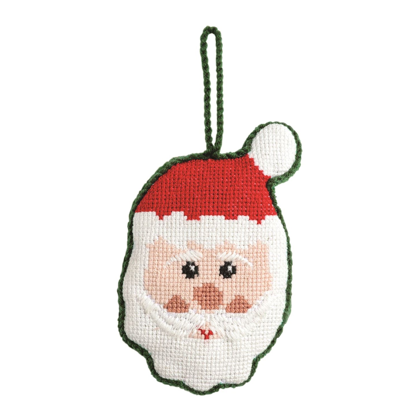 Needlepoint Santa Christmas Ornament, 2.5 Inch, A small needlepoint ornament stitched as a Santa face with a red hat, a white pom, a looped white beard and a green edge, hanging from a green cord loop.