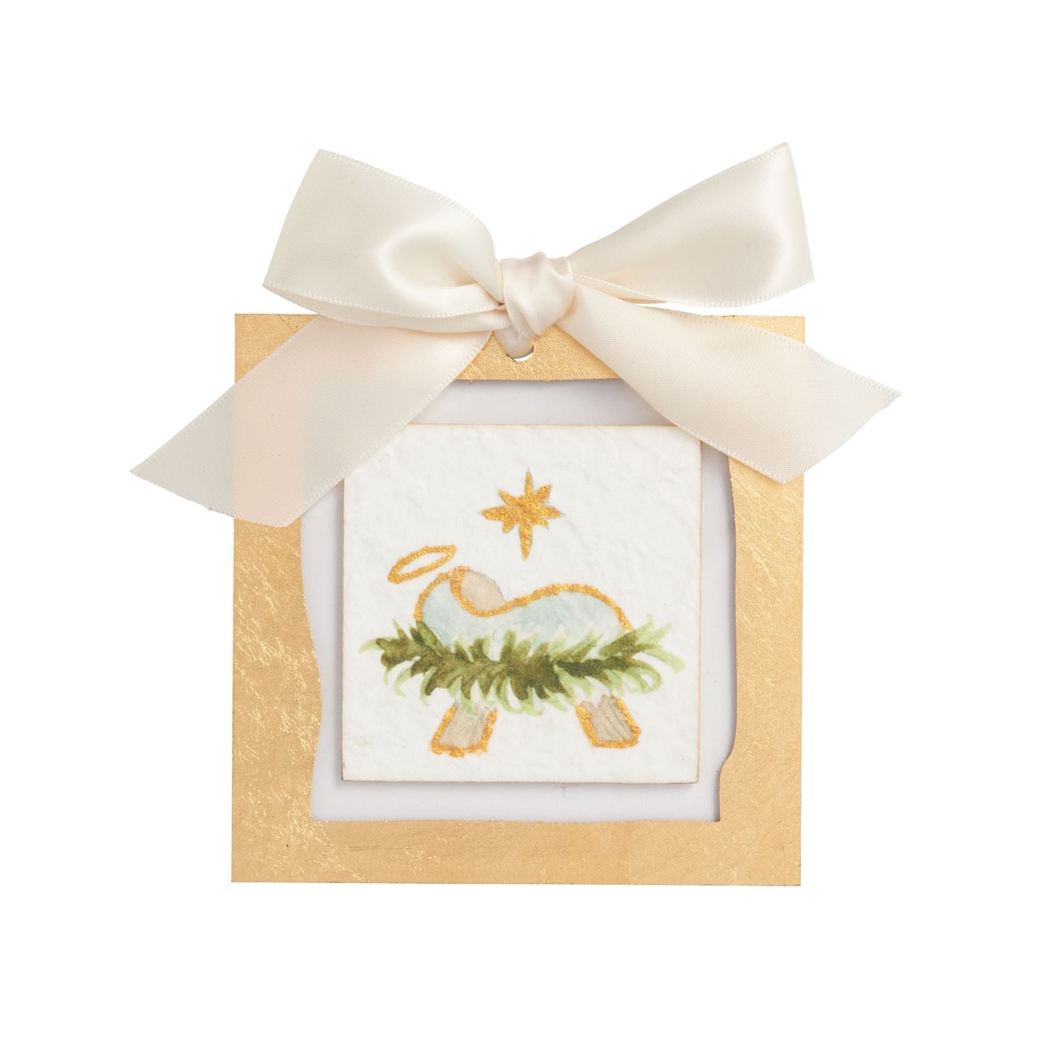 Baby Jesus Gold Acrylic Nativity Ornament, A square gold bordered acrylic ornament holding a painted scene of the infant Jesus in a manger of greenery under a gold star, tied with an ivory satin bow.