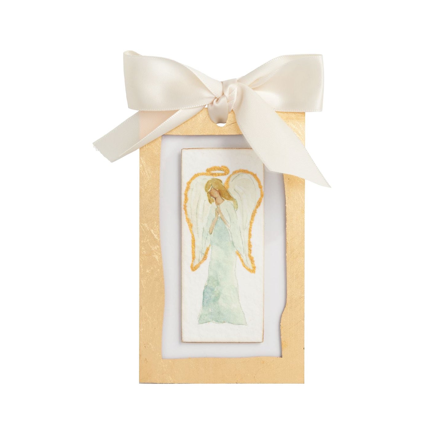 Front Facing Angel Gold Acrylic Ornament, A rectangular gold ornament with a painted paper angel facing forward, hands folded in prayer, hung from an ivory satin ribbon bow.