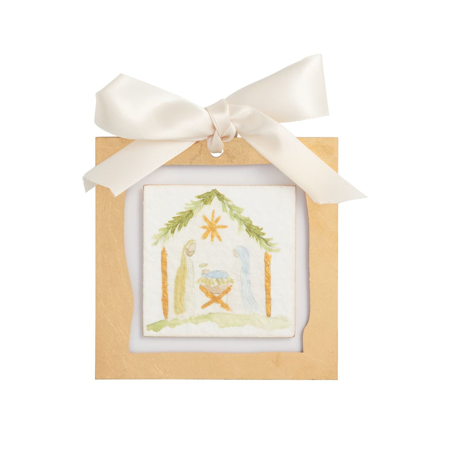Gold Nativity Acrylic Ornament, A square gold ornament with a painted nativity scene of Mary, Joseph and the manger under a gold star, hung from an ivory satin bow.