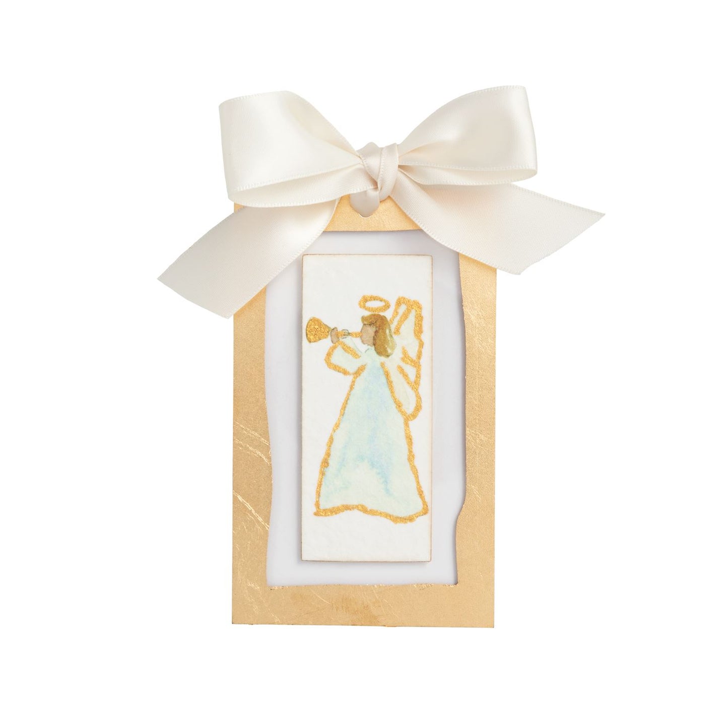 Gold Music Angel Acrylic Ornament, A gold rectangular ornament painted with an angel in a pale blue gown blowing a gold trumpet, tied with an ivory satin bow.
