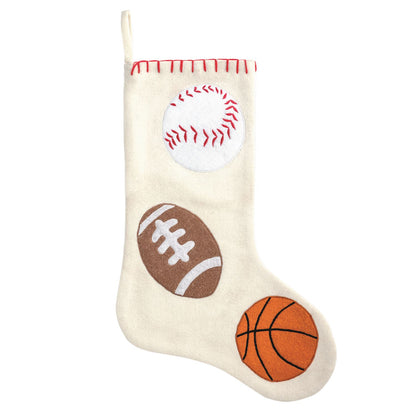 Sports Applique Christmas Stocking, A cream felted wool Christmas stocking with a baseball, football and basketball appliqued down the front and red blanket stitching across the cuff.