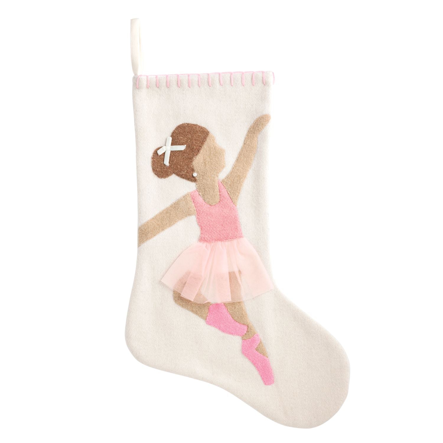 Ballerina Appliqued Felted Wool Christmas Stocking, A cream felted wool stocking with an appliqued ballerina in a pink leotard and a pink tulle tutu, with pink blanket stitching along the cuff and a hanging loop.