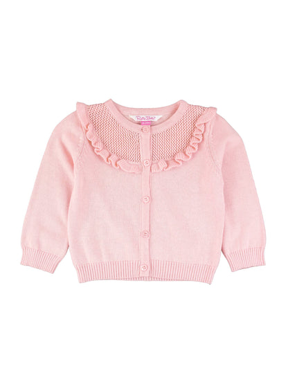 RuffleButts + RuggedButts - Girls Pink Sweater Knit Ruffle Trim Cardigan