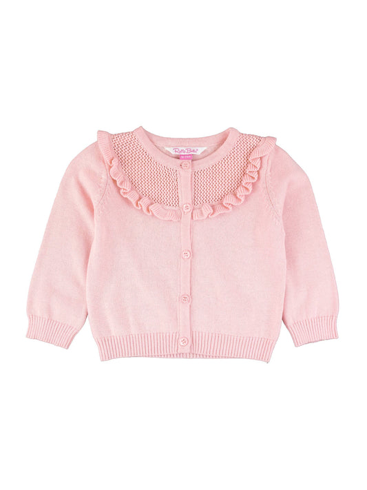 RuffleButts + RuggedButts - Girls Pink Sweater Knit Ruffle Trim Cardigan