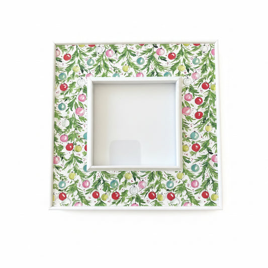 White Hand Painted Green Holly & Colorful Ornaments 4"x4" Frame