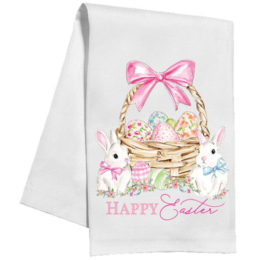 Happy Easter Bunnies and Basket with Pink Bow Kitchen Towel - RosanneBeck Collections
