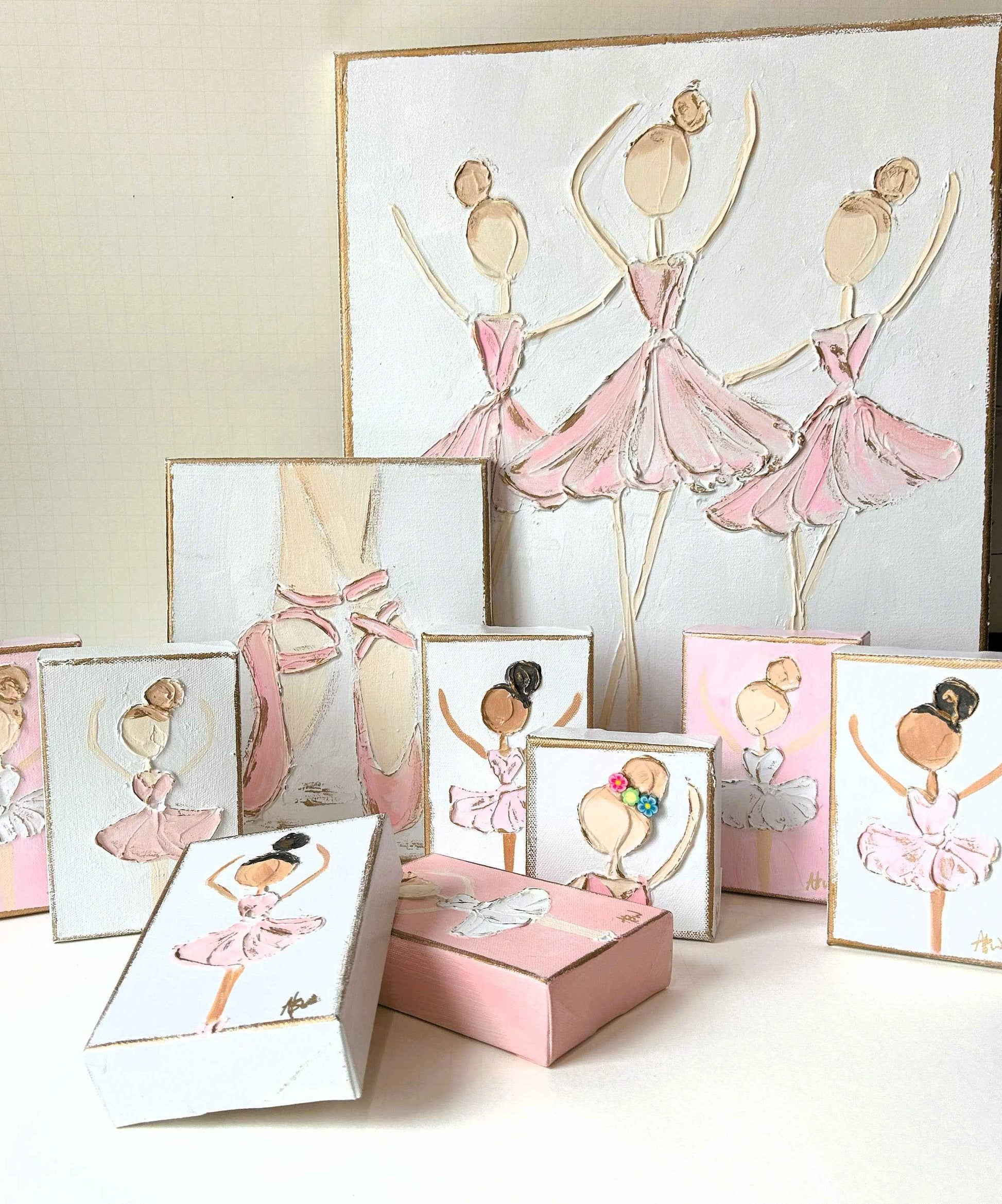 Ballerina Trio | canvas art recital dance ballet nutcracker: White back & pink dress / 11x14-inch standard profile canvas / Light skin & lt. brown hair