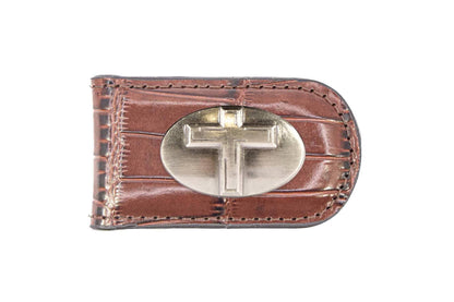 Christian Cross Leather Magnetic Money Clip Wallet: Croc Tan