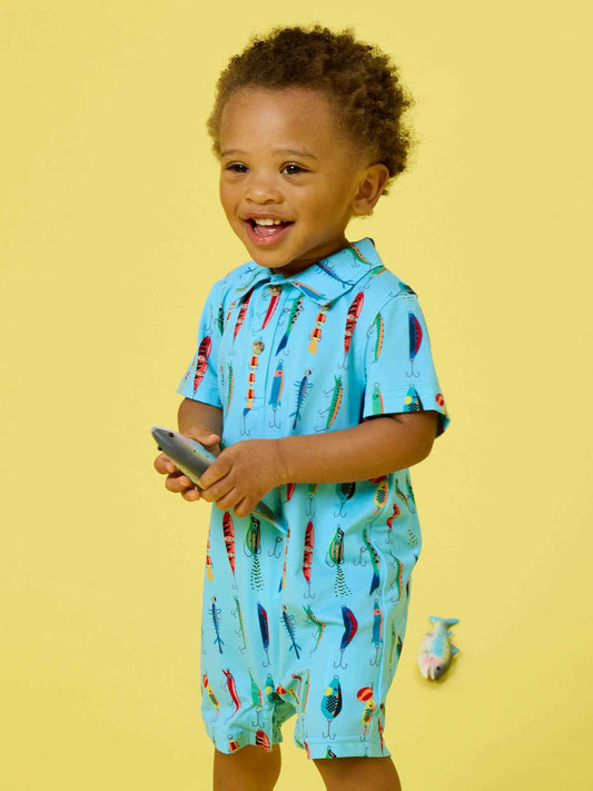 Baby Boys Gone Fishin Performance Polo Romper: Blue / 0-3m