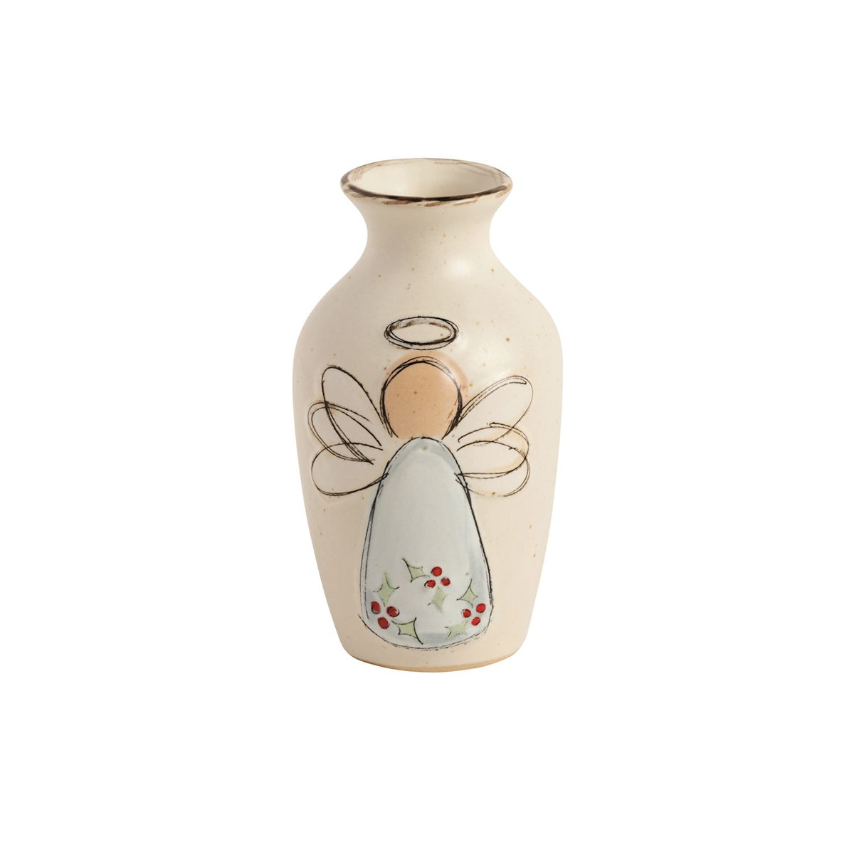 Holly Angel Speckled Stoneware Bud Vase, A small cream speckled stoneware bud vase with a flared dark-edged rim, hand-painted with an angel whose pale gown is scattered with holly leaves and red berries.
