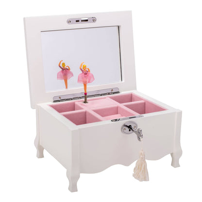 Joyero musical de madera MDF y terciopelo de 8 x 6 pulgadas, color blanco bailarina