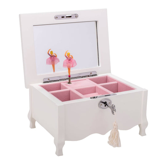 Joyero musical de madera MDF y terciopelo de 8 x 6 pulgadas, color blanco bailarina