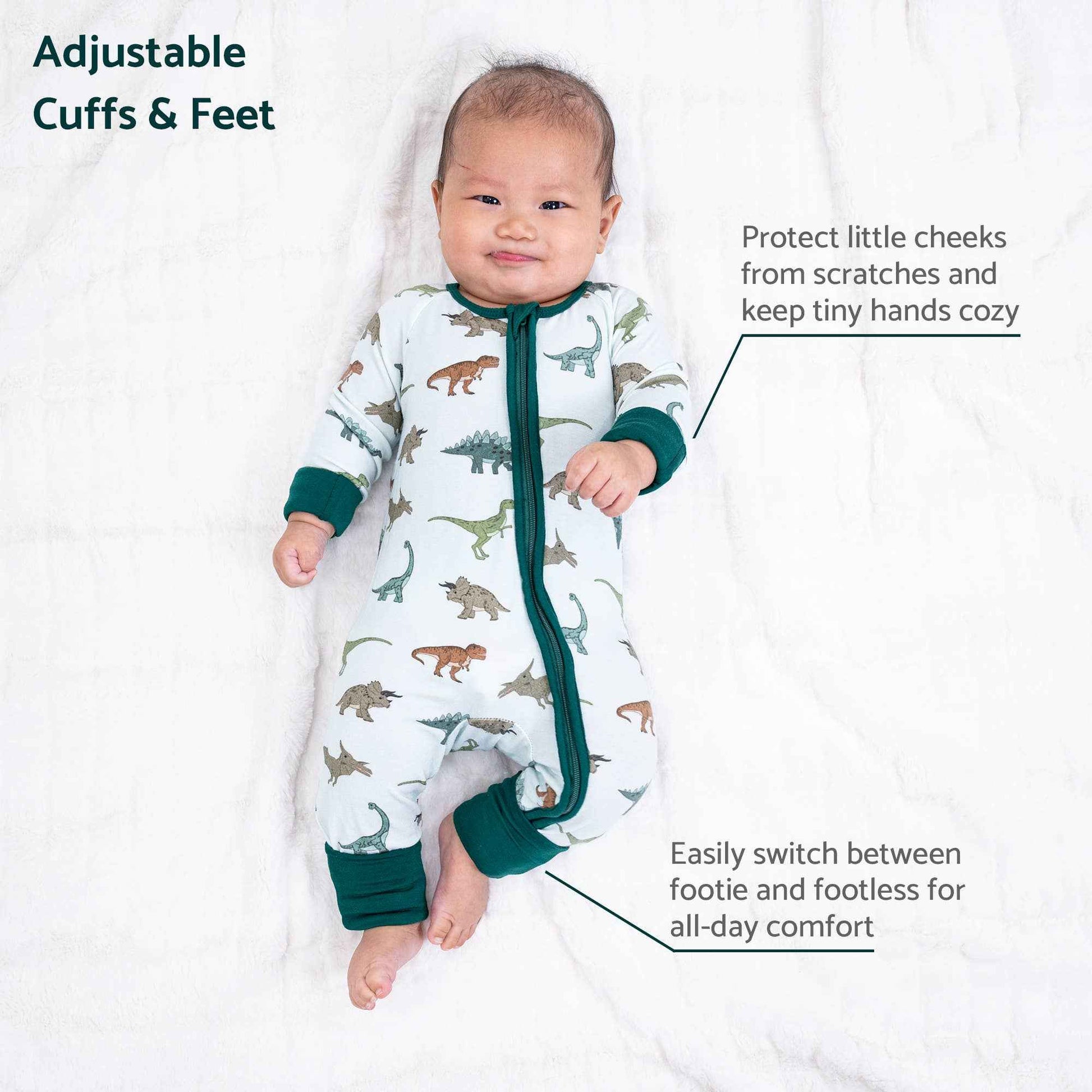 LollyBanks - Bamboo Baby Convertible Zipper Pajamas - Dinosaur