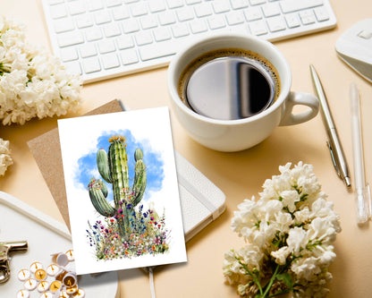 Arizona Saguaro and Blue Clouds Watercolor Greeting Card
