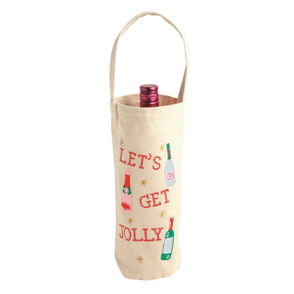 Let's Get Jolly Embroidered Canvas Wine Bag, A natural canvas wine bag with a long handle, embroidered LET'S GET JOLLY in red with pink, white and green bottles and gold stars, holding a wine bottle.
