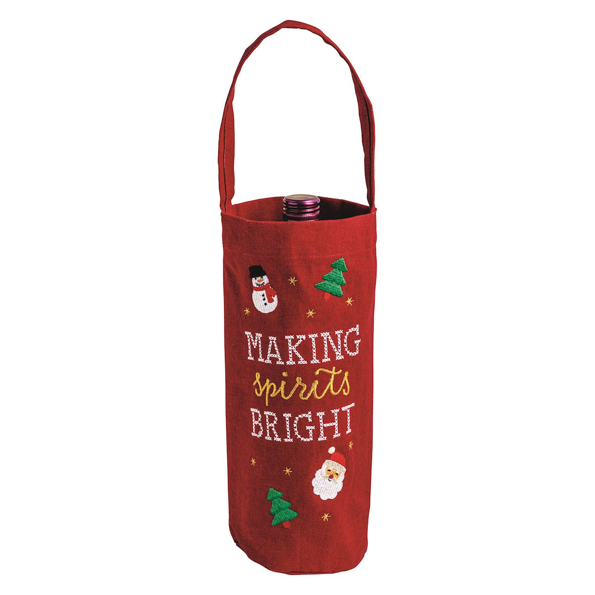 Making Spirits Bright Embroidered Wine Bag, A red canvas wine bag with a long handle, embroidered MAKING spirits BRIGHT in white and gold with a snowman, a Santa face, green trees and gold stars, holding a wine bottle.