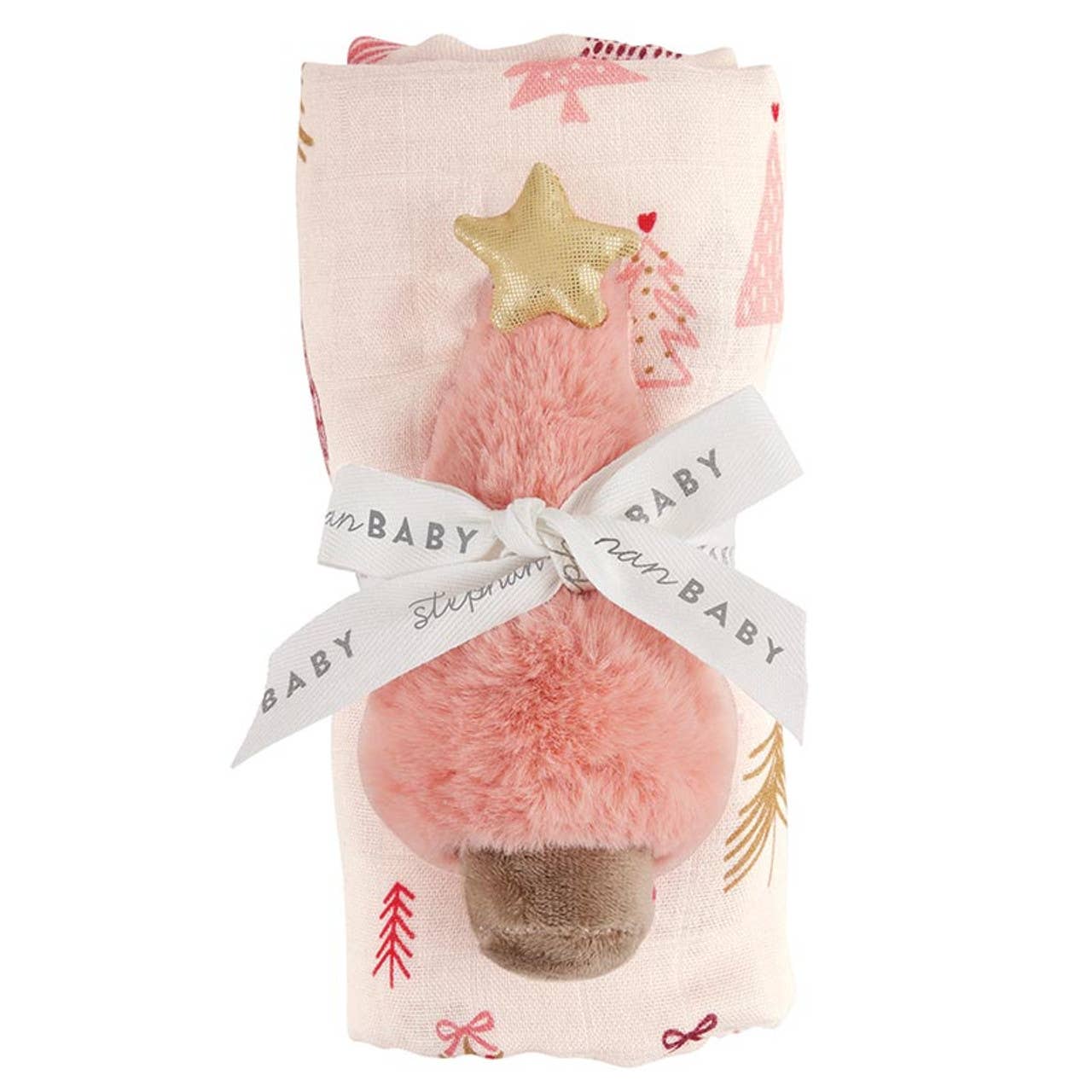 Swaddle Blanket with Plush Rattle - Pink Tree