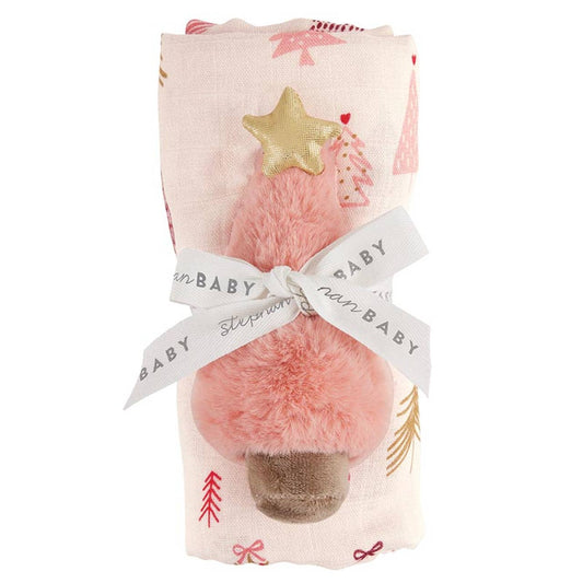 Swaddle Blanket with Plush Rattle - Pink Tree