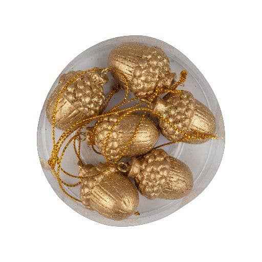 A20043:Set of 6 painted resin acorn orn, gold 1.5 in