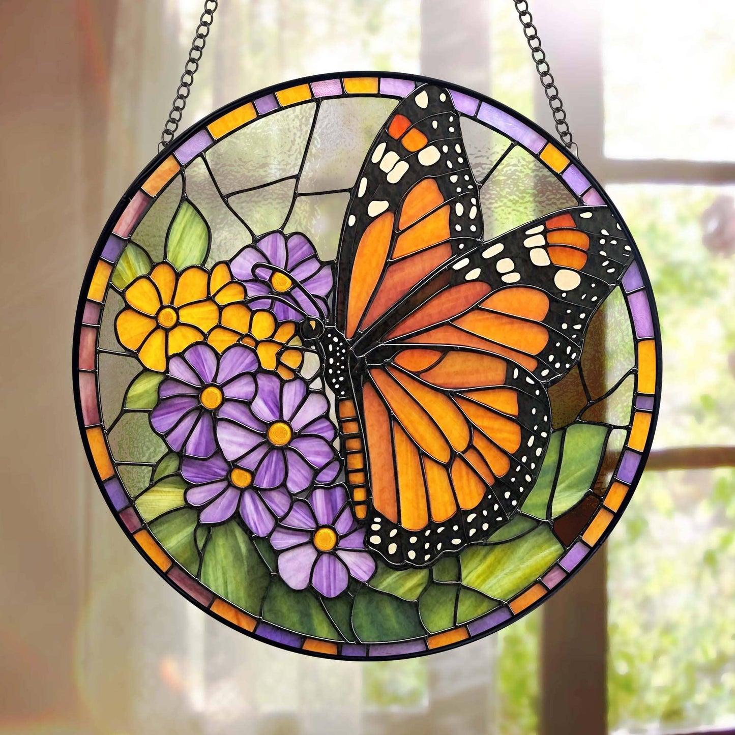 Monarch Butterfly Stained Glass Suncatcher, Flowers Ornament