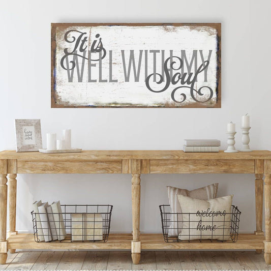 Letrero de lona con arte de himno cristiano de Olive Branch Farmhouse: "It Is Well With My Soul" (Está bien con mi alma).