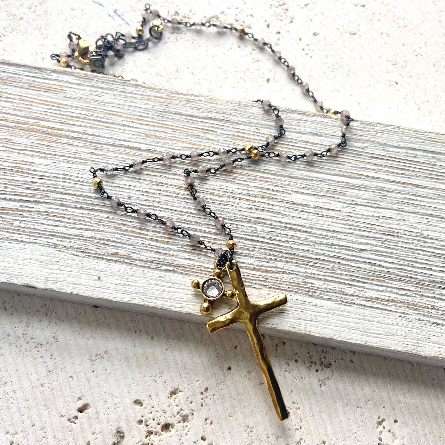 Cross charm necklace pyrite semi precious jewelry