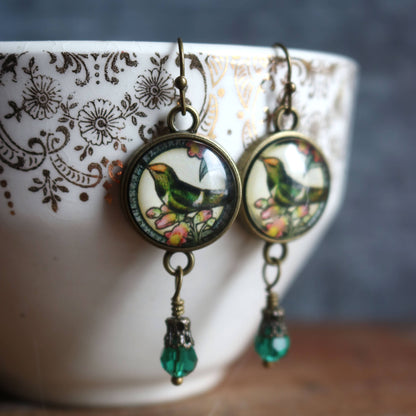 Hummingbird Vintage Inspired Glass Cabochon Earrings