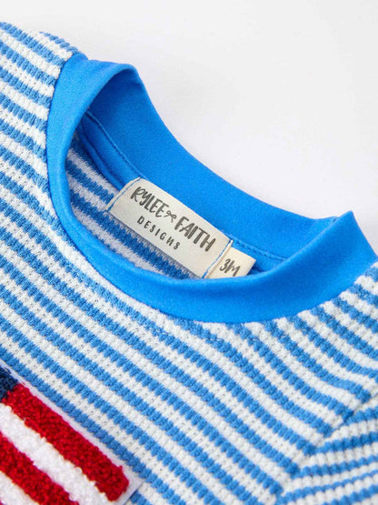 4th of July Flag Chenille Baby Boy Romper Blue Stripe: 12M