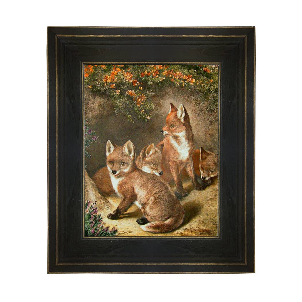 Four Young Foxes Painting Print on Canvas - Black Frame
