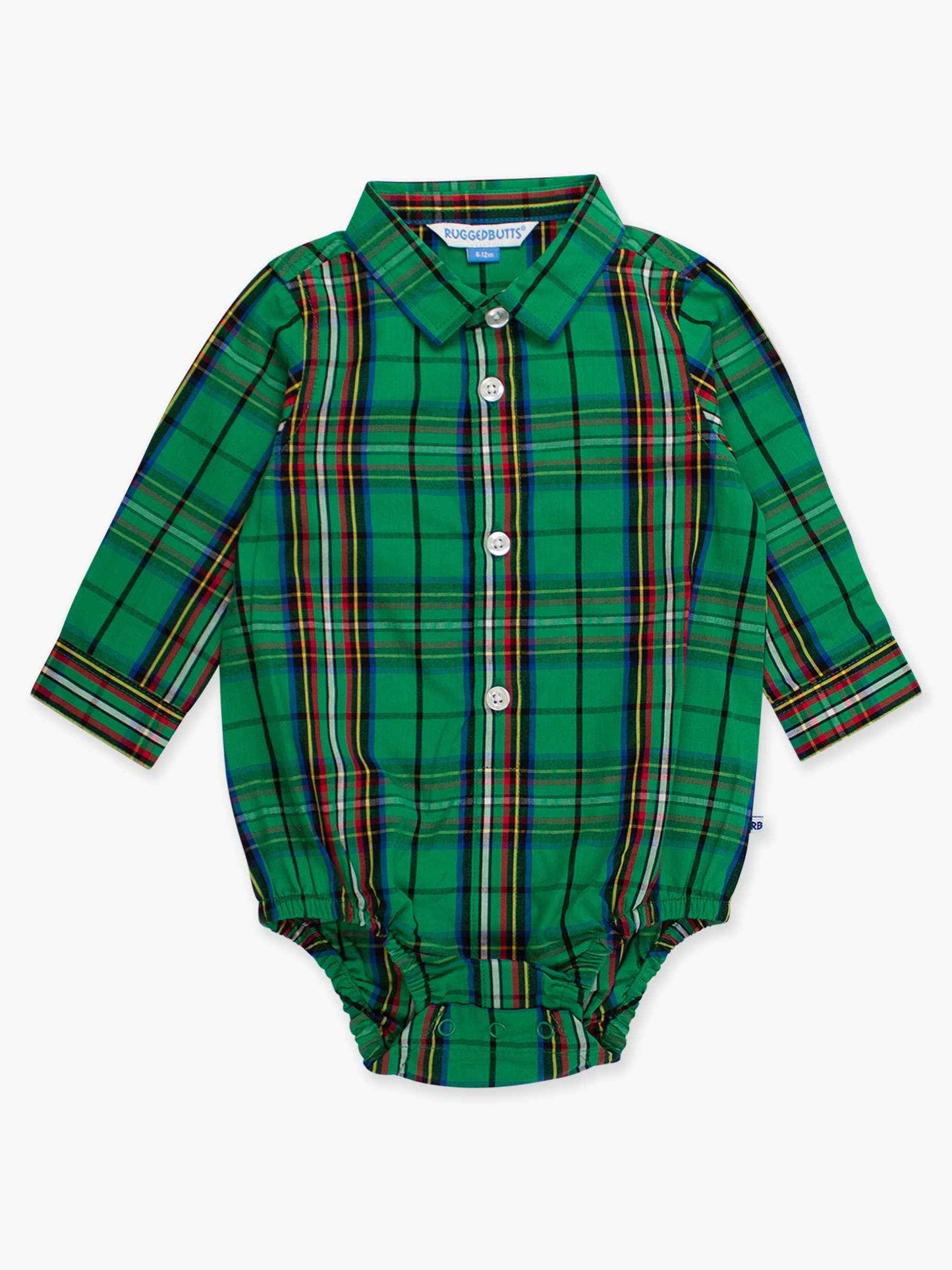 Baby Boys Green Nicholas Plaid Long Sleeve Button Down Bodysuit: Green / 0-3m