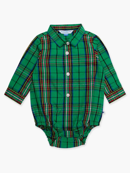 Baby Boys Green Nicholas Plaid Long Sleeve Button Down Bodysuit: Green / 0-3m
