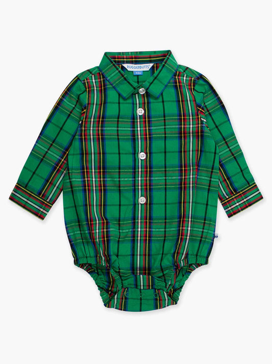 Baby Boys Green Nicholas Plaid Long Sleeve Button Down Bodysuit: Green / 0-3m