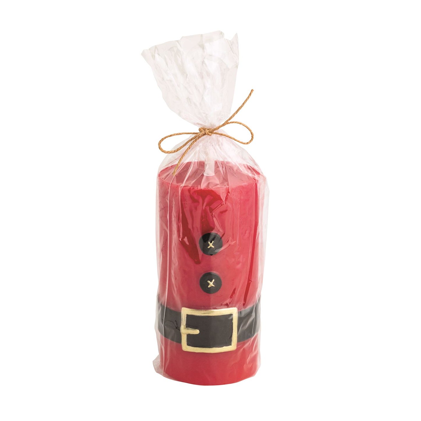 Santa Suit Flameless LED Pillar Candle, A red wax pillar candle painted as a Santa suit with two black buttons and a black belt with a gold buckle, wrapped in cellophane tied with twine.